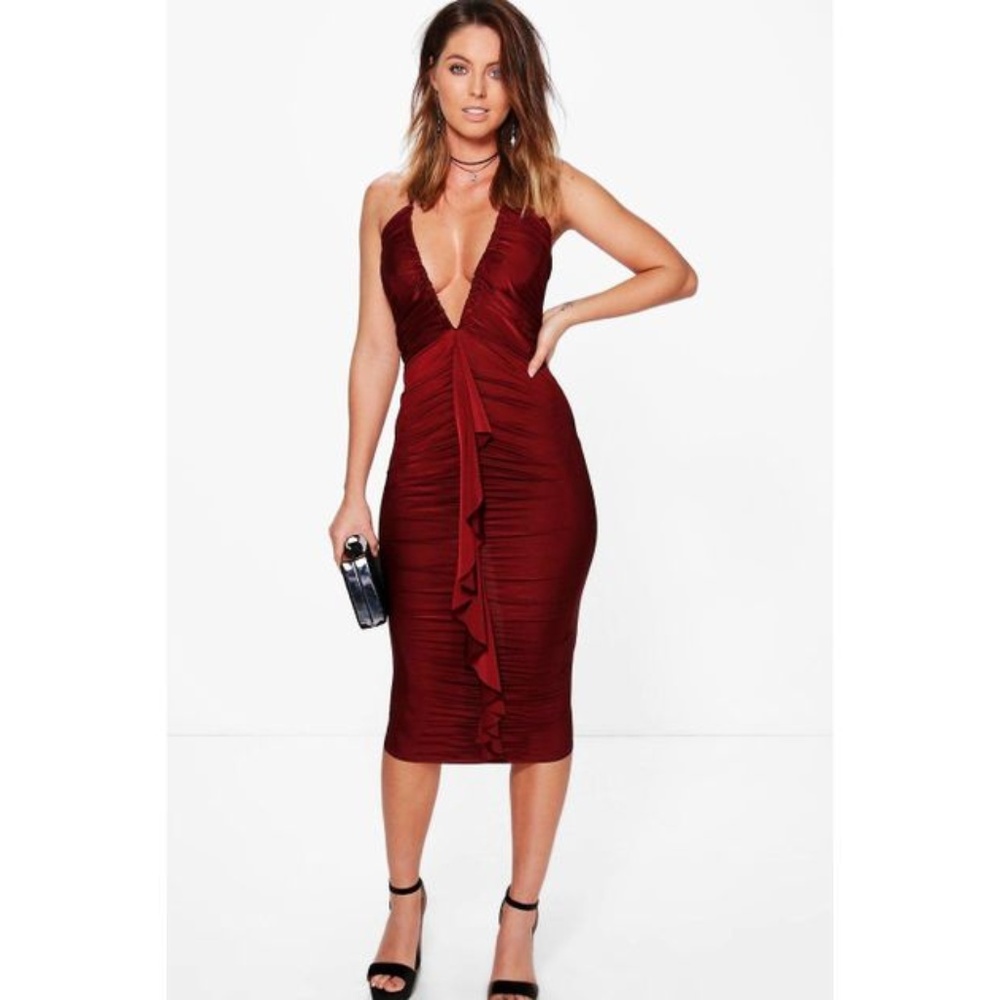Ruched Frill Slinky Midi Dress